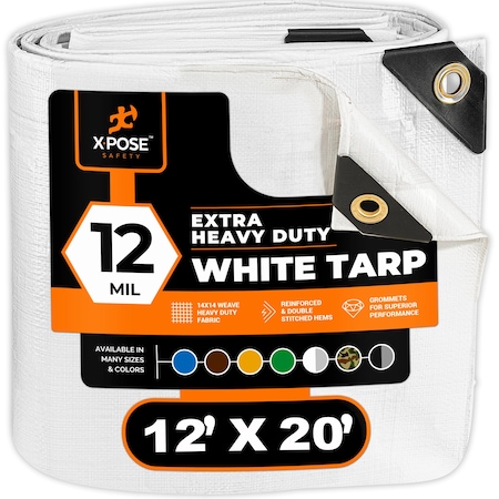 Heavy Duty White Poly Tarp 12' X 20' Protective Cover Water And Weather Proof, Extra Thick 12 Mil